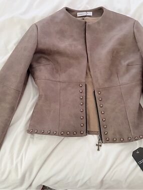 Studded Mauve Leather Jacket with Crew Neck